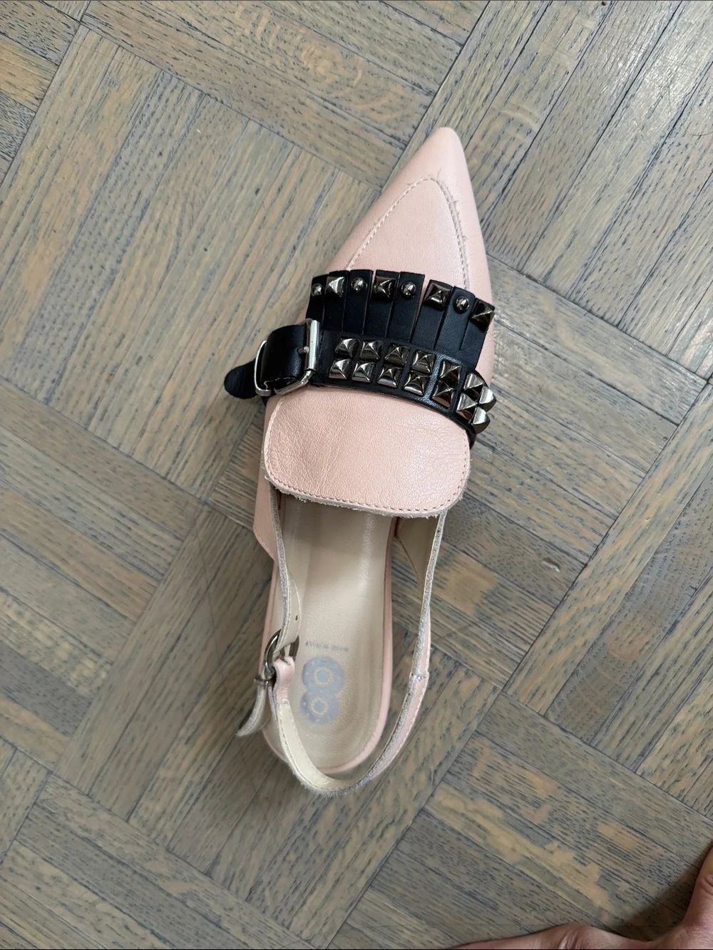 Pointed Slingback Flats in Blush with Black Fringe and Studs